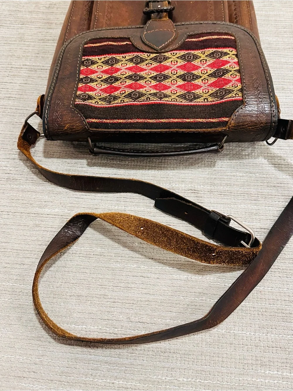 Vintage Leather Crossbody Bag Handmade Ethnic Boho Tooled Satchel